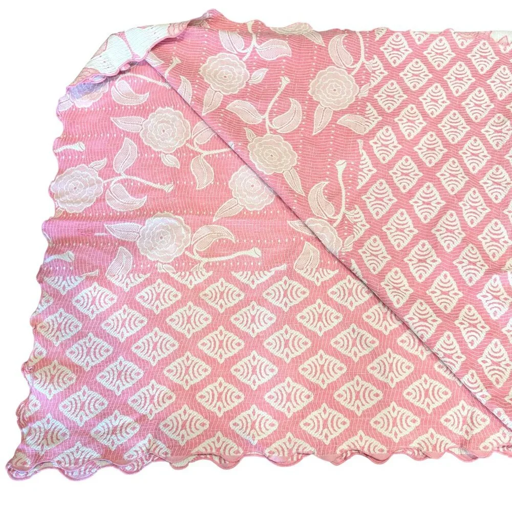Vintage Pink Floral Coverlet Quilt 94x74 Embroidered Cotton Scalloped White